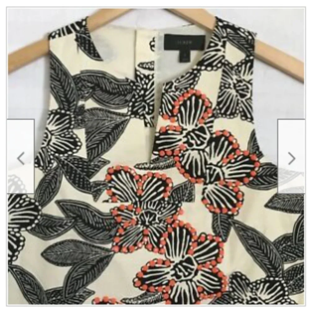 J Crew Beige Black Notched Shell‎ Blouse Top Polynesian Floral Print